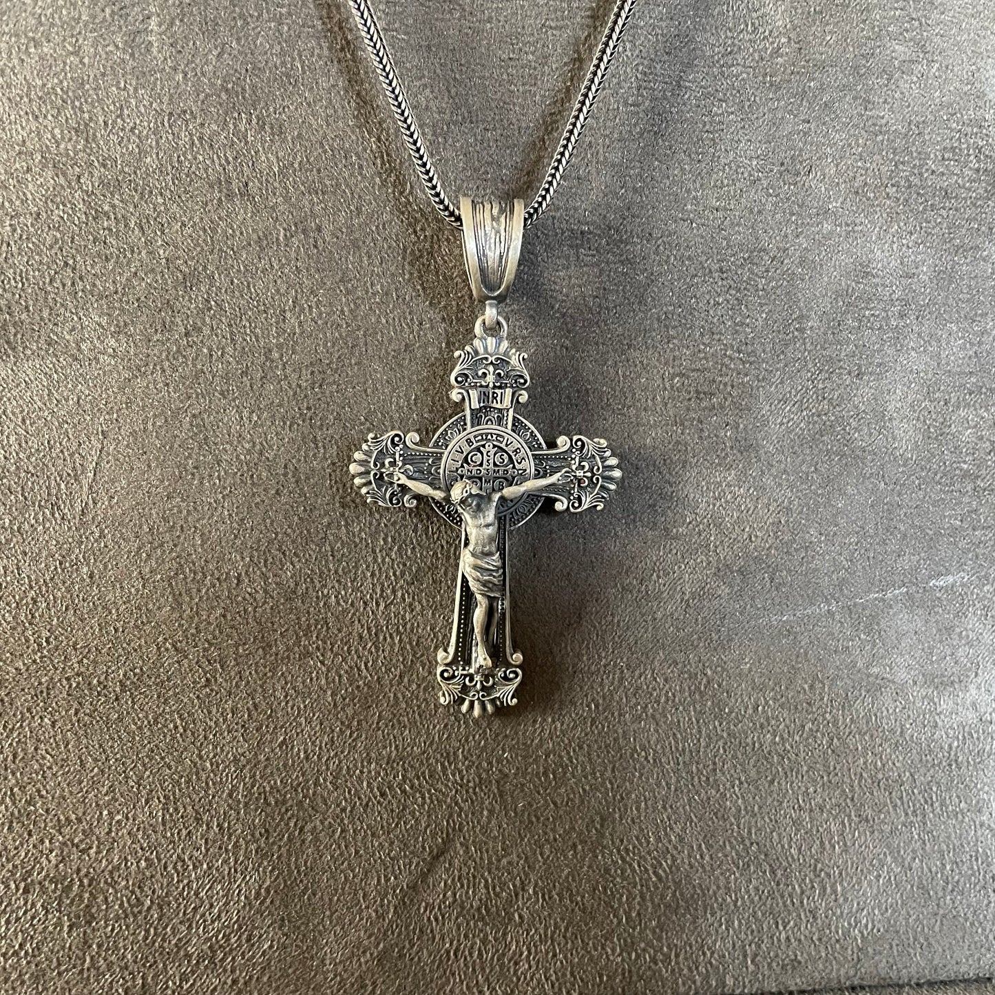 Sterling Silver St Benedict Jesus Inri Cross Necklace