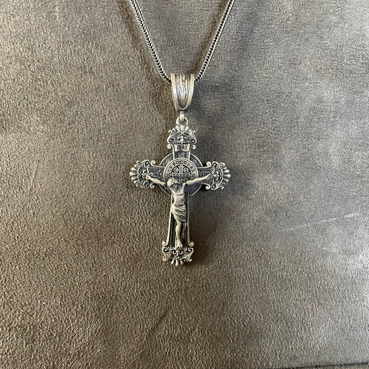 Sterling Silver St Benedict Jesus Inri Cross Necklace