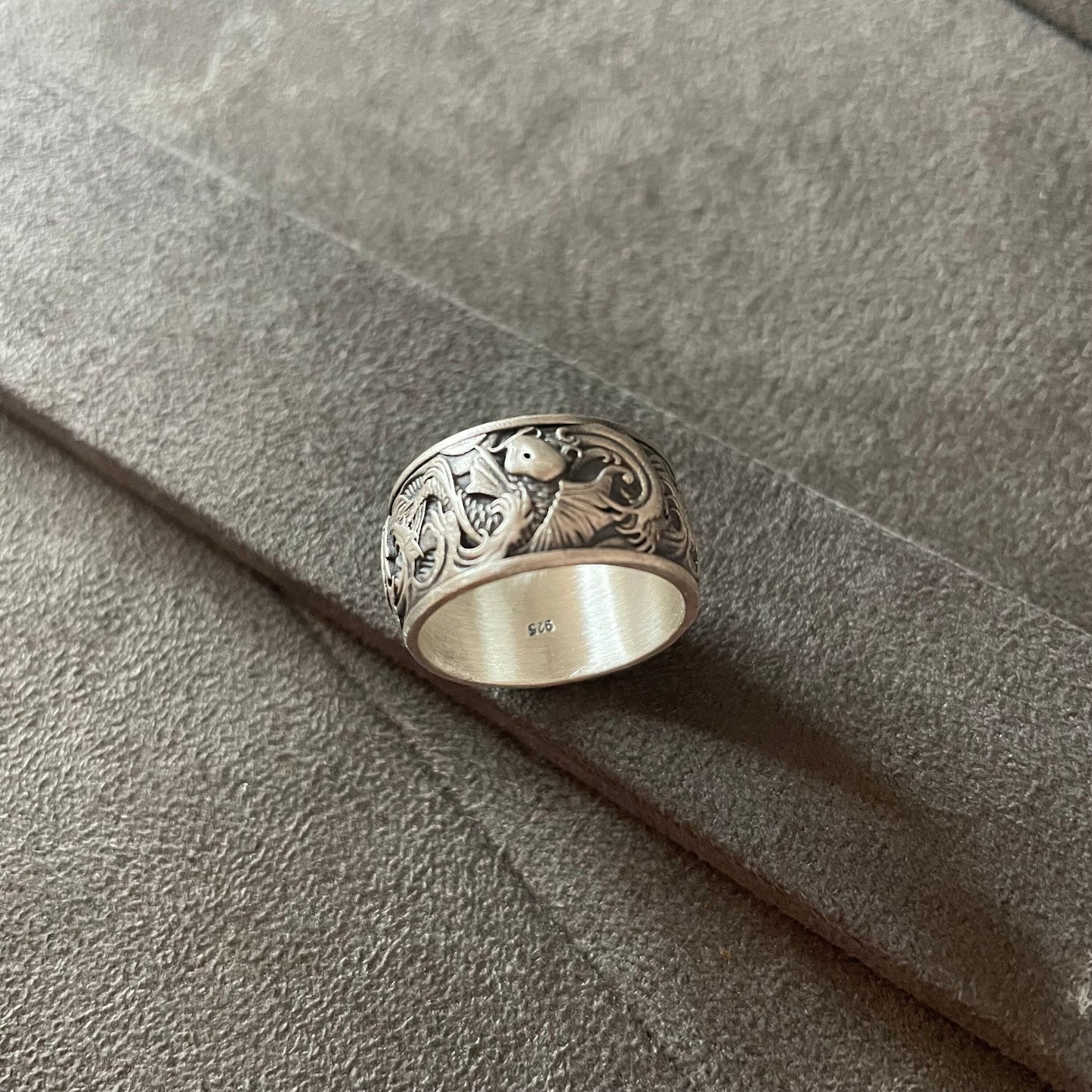 Koi Carp Fish Ring, Sterling Silver Fish Men Band Ring, Japanese Wedding - Engagement Jewelry, Anniversary Gift for Him