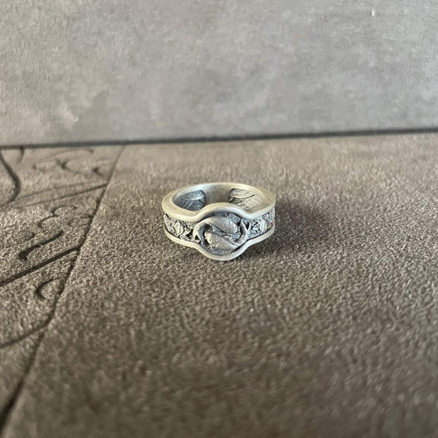 Koi Fish Ring, Sterling Silver Japanese Lotus Flowers Ring, Ornamental Wedding Men's Band,  Yin Yang Symbol, Japanese Art