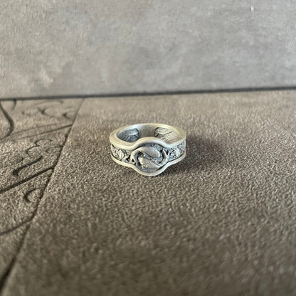 Koi Fish Ring, Sterling Silver Japanese Lotus Flowers Ring, Ornamental Wedding Men's Band,  Yin Yang Symbol, Japanese Art