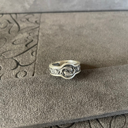 Koi Fish Ring, Sterling Silver Japanese Lotus Flowers Ring, Ornamental Wedding Men's Band,  Yin Yang Symbol, Japanese Art