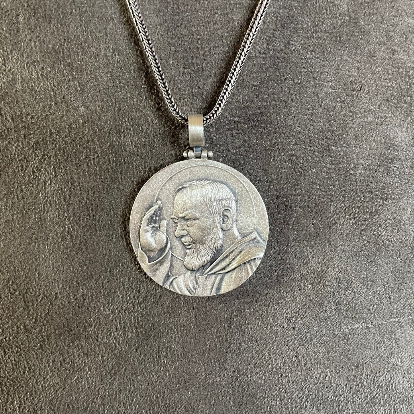 Padre Pio Pendant, Sterling Silver Saint Padre Pio Necklace, Religious Mens Necklace for Dad,  Catholic medallion, Christian Gift,