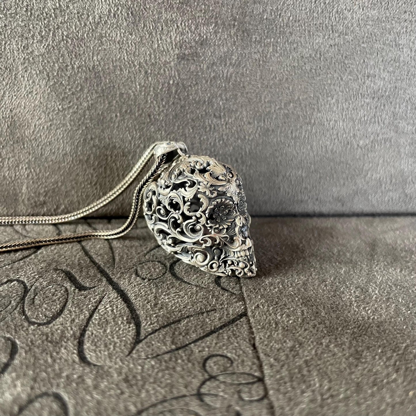 Patterned Skull Pendant, Sterling Silver Carved Skull Necklace, Afterlife Jewelry, Gift for Boyfriend, Gothic Jewelry, Pagan Necklace