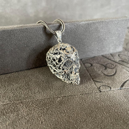 Patterned Skull Pendant, Sterling Silver Carved Skull Necklace, Afterlife Jewelry, Gift for Boyfriend, Gothic Jewelry, Pagan Necklace