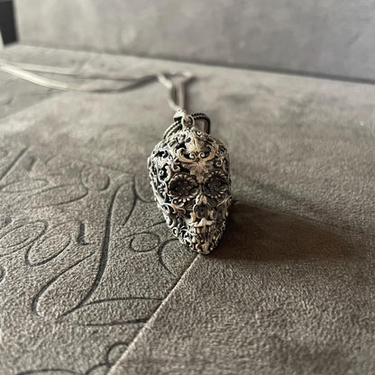 Patterned Skull Pendant, Sterling Silver Carved Skull Necklace, Afterlife Jewelry, Gift for Boyfriend, Gothic Jewelry, Pagan Necklace