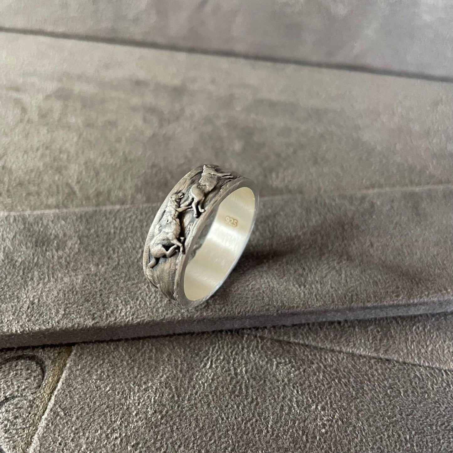 Running Wolves Ring, Sterling Silver Wolf Wedding Ring, Wilderness Ring, Cool Rings, 10 Year Anniversary, Animal Jewelry, Wedding Band Men