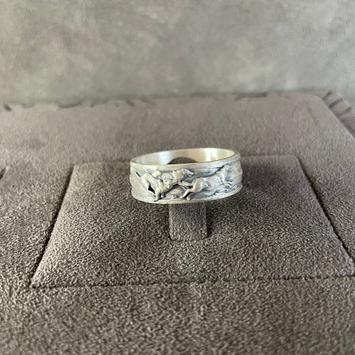 Running Wolves Ring, Sterling Silver Wolf Wedding Ring, Wilderness Ring, Cool Rings, 10 Year Anniversary, Animal Jewelry, Wedding Band Men