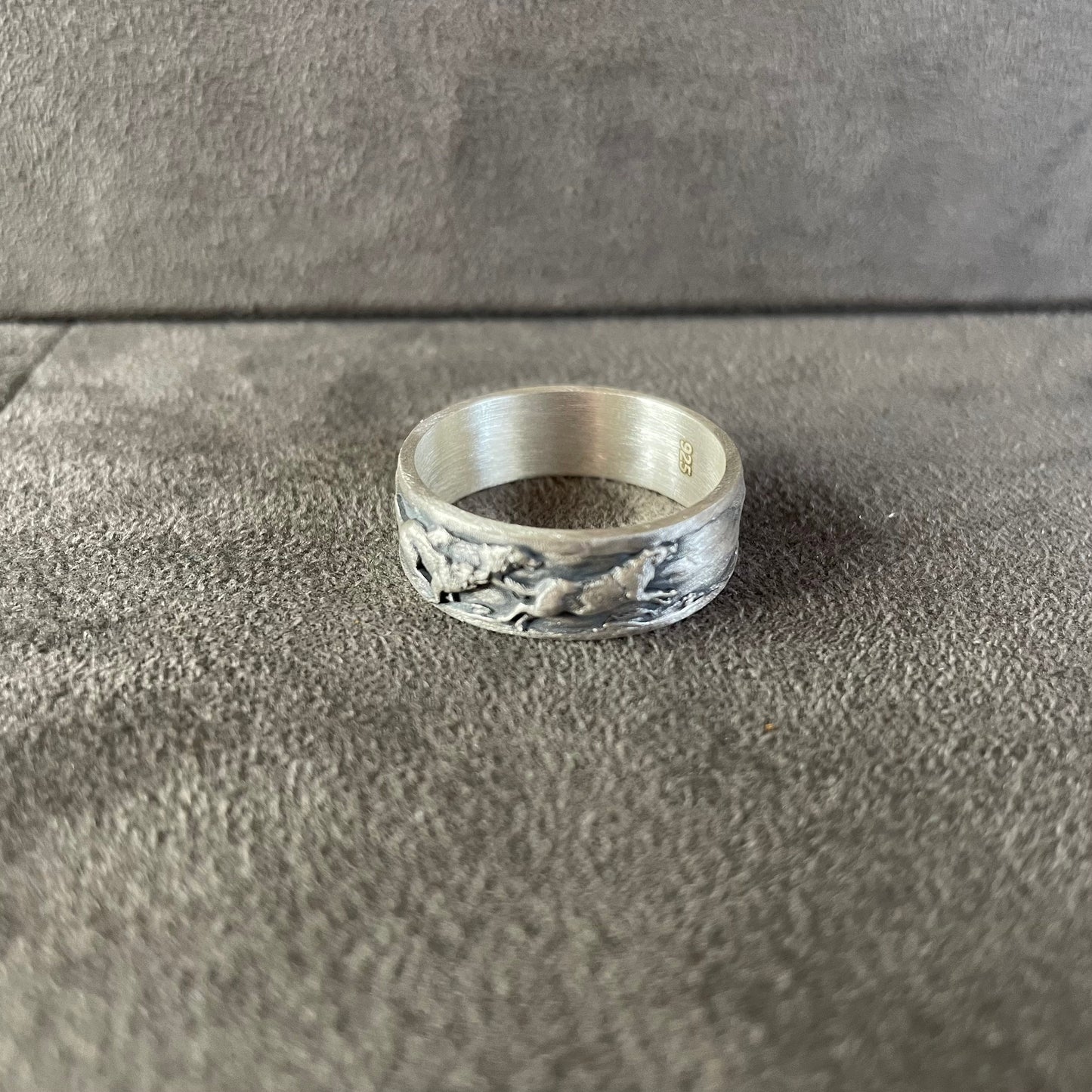 Running Wolves Ring, Sterling Silver Wolf Wedding Ring, Wilderness Ring, Cool Rings, 10 Year Anniversary, Animal Jewelry, Wedding Band Men