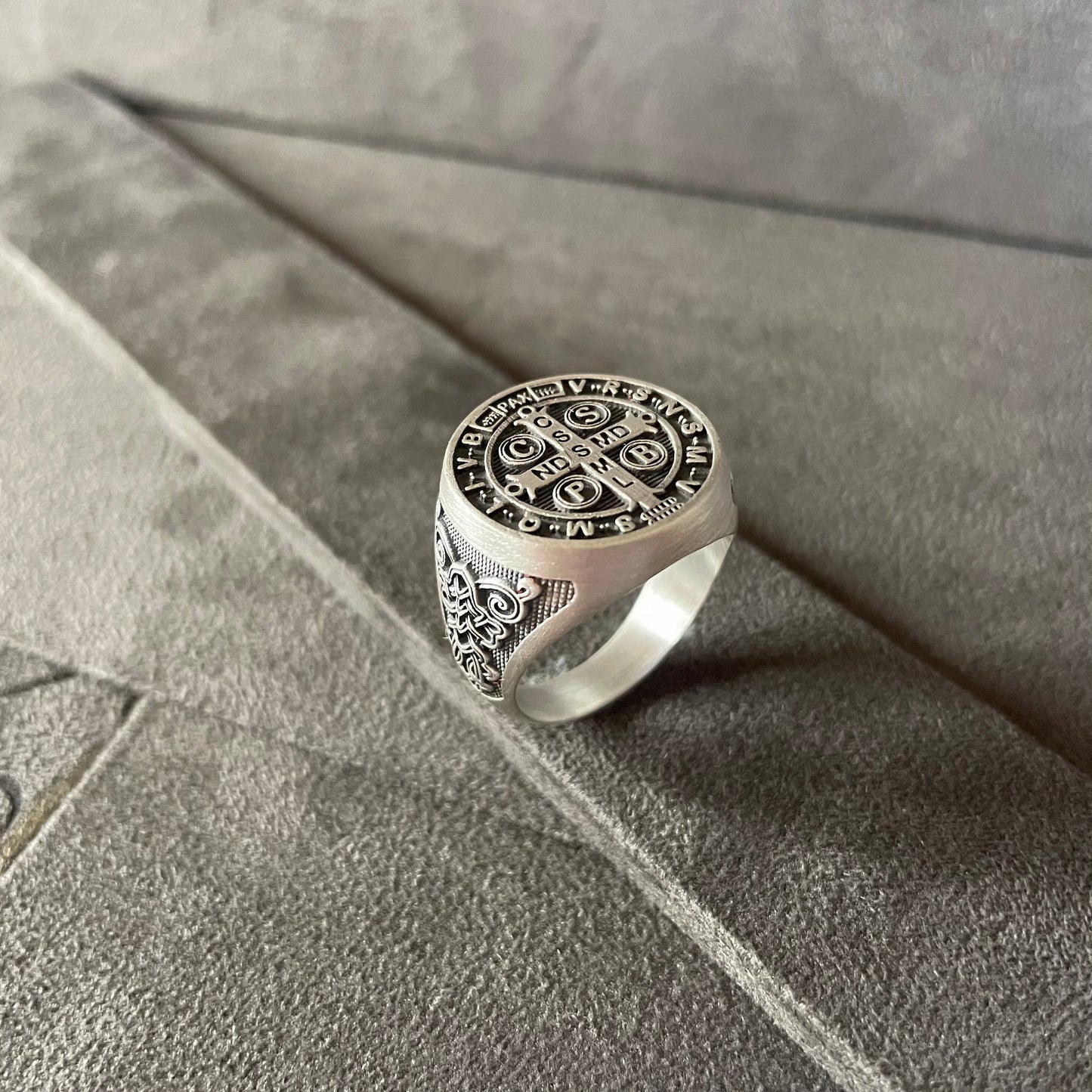 Saint Benedict Signet Ring, Sterling Silver Cross Exorcism Men Ring, St Benedict Amulet for Devotees, Spiritual Jewelry, Catholic Gift