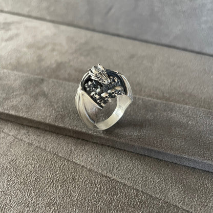 Skull Under Dragon Wings Ring, Sterling Silver Winged Dragon Handmade Man Ring, Handmade Signet Ring, Unique Gift for Men