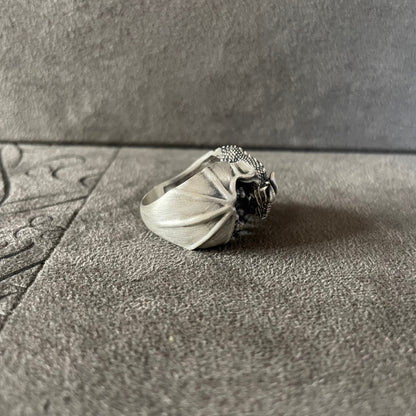 Skull Under Dragon Wings Ring, Sterling Silver Winged Dragon Handmade Man Ring, Handmade Signet Ring, Unique Gift for Men