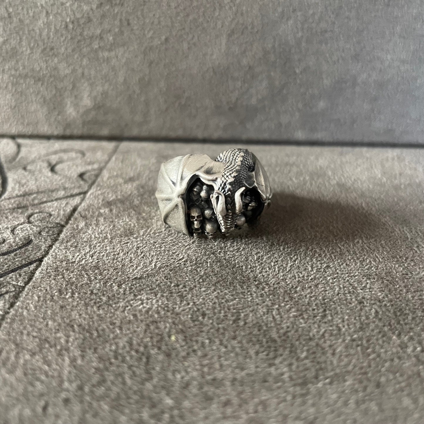 Skull Under Dragon Wings Ring, Sterling Silver Winged Dragon Handmade Man Ring, Handmade Signet Ring, Unique Gift for Men