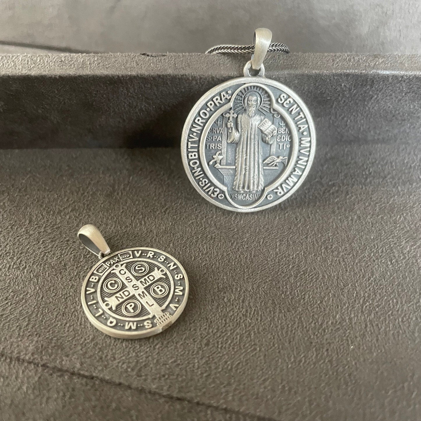 St. Benedict Pendant, Sterling Silver Saint Benedict Necklace, Double Sided Exorcism  Cross Medallion, Christian Jewelry, Necklace For Men