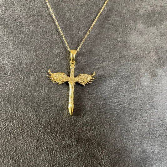 St. Michael Sword Pendant, 14K Real Gold Sword of Commander of The God Saint Michael Necklace, The Archangel, Patron Saint Pendant