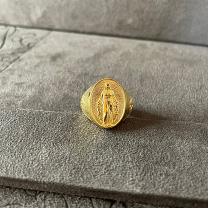 Virgin Mary Signet Ring, 14K Real Gold Holy Mary Ring, Miraculous Medal Ring, Christian Jewelry, Gift for Family, Religious Men Ring