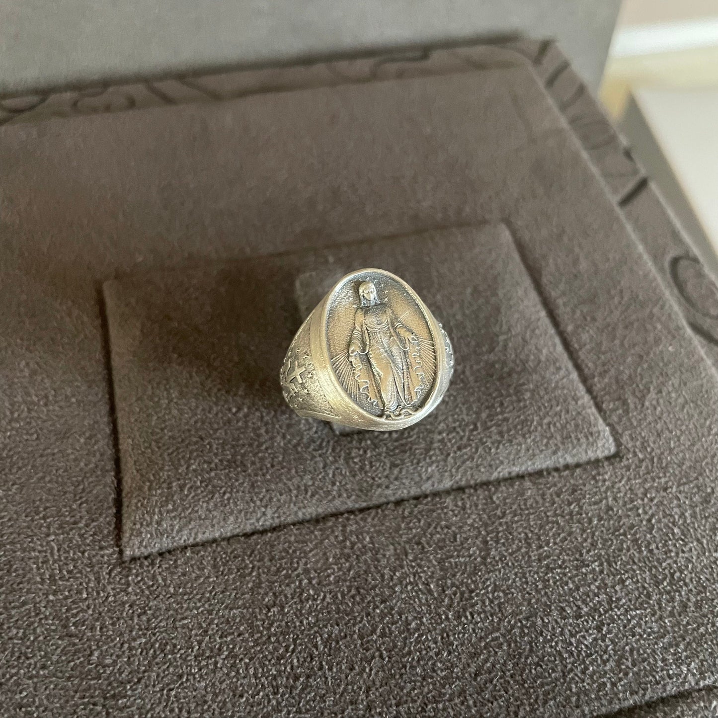 Virgin Mary Signet Ring, Sterling Silver Holy Mary Ring, Miraculous Medal Ring, Christian Jewelry, Gift for Family, Religious Men Ring