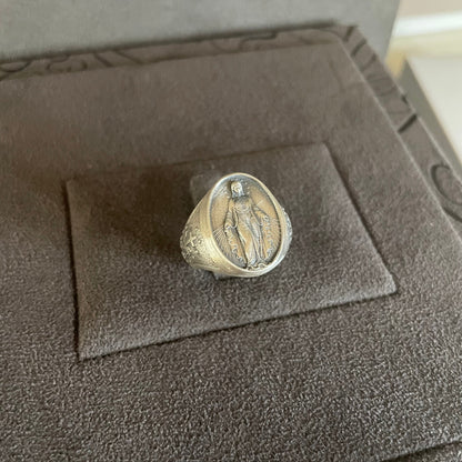 Virgin Mary Signet Ring, Sterling Silver Holy Mary Ring, Miraculous Medal Ring, Christian Jewelry, Gift for Family, Religious Men Ring