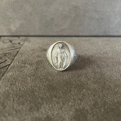 Virgin Mary Signet Ring, Sterling Silver Holy Mary Ring, Miraculous Medal Ring, Christian Jewelry, Gift for Family, Religious Men Ring