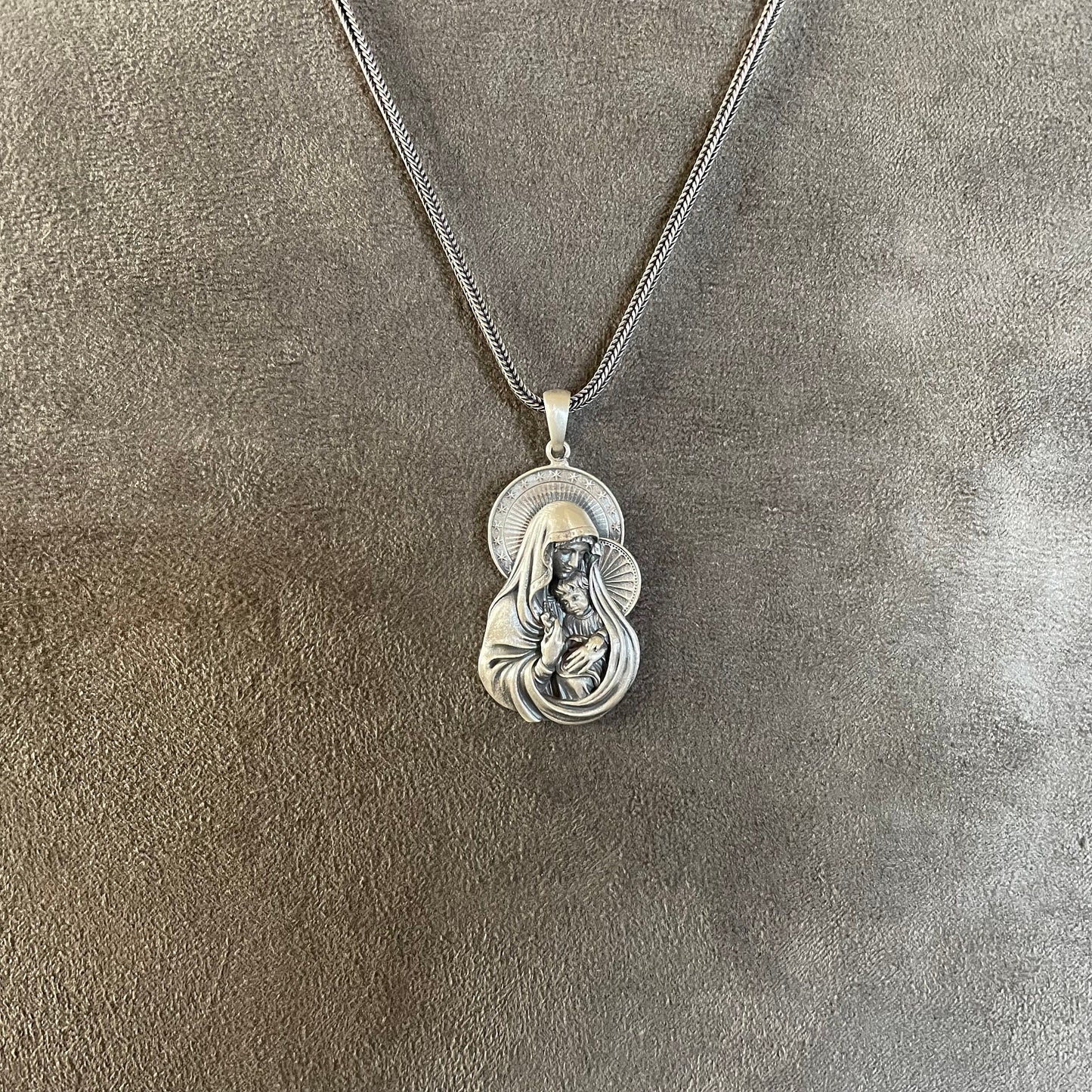 Virgin Mary and Baby Jesus Pendant, Sterling Silver Holy Mother Necklace, Miraculous Medal, Christian Religious Jewelry, Mothers Day Gift