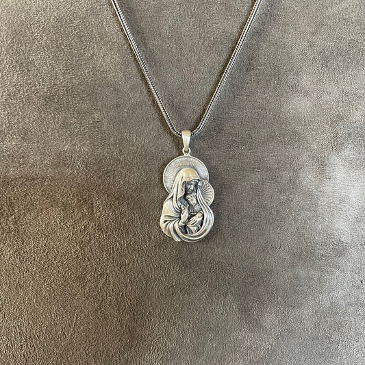 Virgin Mary and Baby Jesus Pendant, Sterling Silver Holy Mother Necklace, Miraculous Medal, Christian Religious Jewelry, Mothers Day Gift