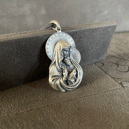 Virgin Mary and Baby Jesus Pendant, Sterling Silver Holy Mother Necklace, Miraculous Medal, Christian Religious Jewelry, Mothers Day Gift