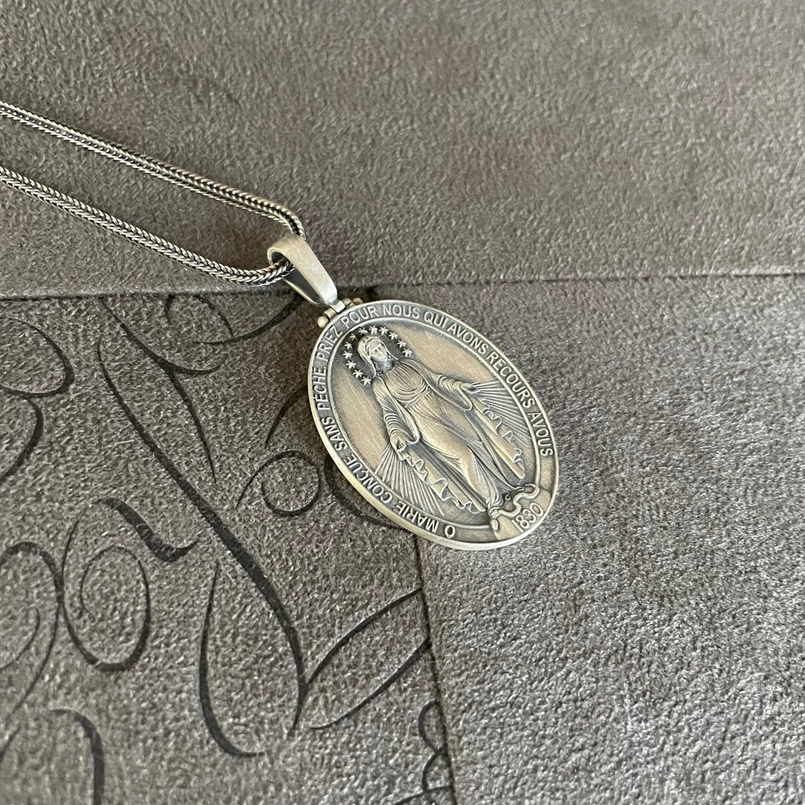 Virgin Mary Pendant, Sterling Silver Double Sided Necklace, 12 Stars Holy Mother Medallion, Christian Jewelry, Miraculous Religious Gift