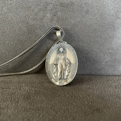 Virgin Mary Pendant, Sterling Silver Double Sided Necklace, 12 Stars Holy Mother Medallion, Christian Jewelry, Miraculous Religious Gift