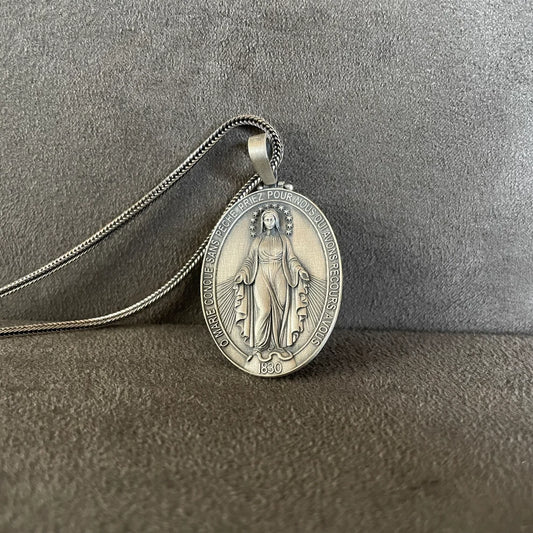 Virgin Mary Pendant, Sterling Silver Double Sided Necklace, 12 Stars Holy Mother Medallion, Christian Jewelry, Miraculous Religious Gift