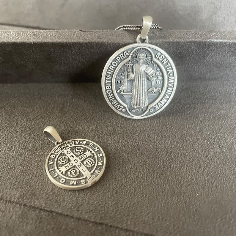 St. Benedict Pendant, Sterling Silver Saint Benedict Necklace, Double Sided Exorcism Cross Medallion, Christian Jewelry, Necklace For Men