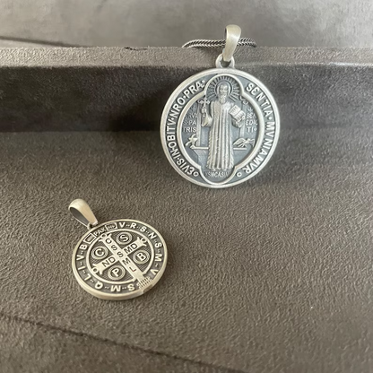 St. Benedict Pendant, Sterling Silver Saint Benedict Necklace, Double Sided Exorcism Cross Medallion, Christian Jewelry, Necklace For Men