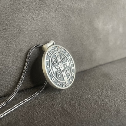 St. Benedict Pendant, Sterling Silver Saint Benedict Necklace, Double Sided Exorcism Cross Medallion, Christian Jewelry, Necklace For Men