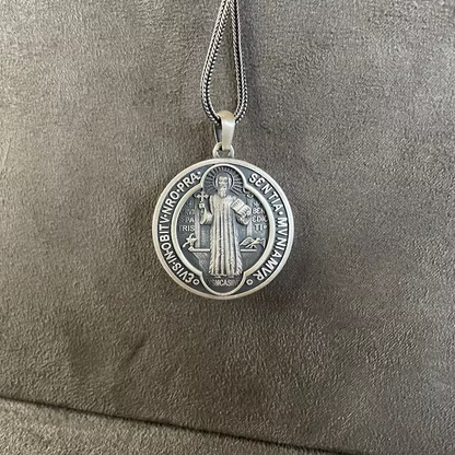 St. Benedict Pendant, Sterling Silver Saint Benedict Necklace, Double Sided Exorcism Cross Medallion, Christian Jewelry, Necklace For Men