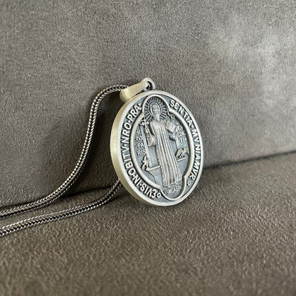 St. Benedict Pendant, Sterling Silver Saint Benedict Necklace, Double Sided Exorcism Cross Medallion, Christian Jewelry, Necklace For Men