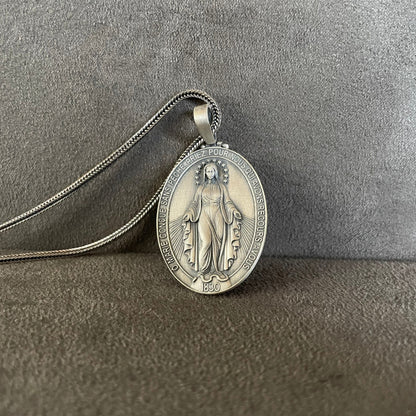 Virgin Mary Pendant, Sterling Silver Double Sided  Necklace, 12 Stars Holy Mother Medallion, Christian Jewelry, Miraculous Religious Gift