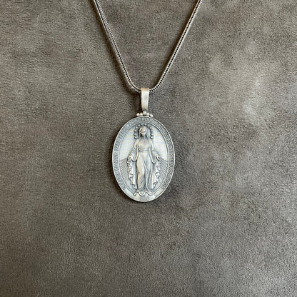 Virgin Mary Pendant, Sterling Silver Double Sided  Necklace, 12 Stars Holy Mother Medallion, Christian Jewelry, Miraculous Religious Gift