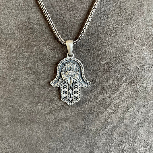 Hamsa Pendant, Sterling Silver Hand of Fatima Necklace, Evil Eye Necklace, Protection Necklace, Amulet Pendant, Husband Gift, Mom To Be Gift