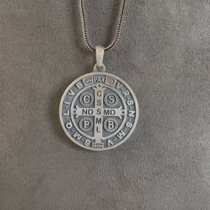 St. Benedict Pendant, Sterling Silver Saint Benedict Necklace, Double Sided Exorcism Cross Medallion, Christian Jewelry, Necklace For Men