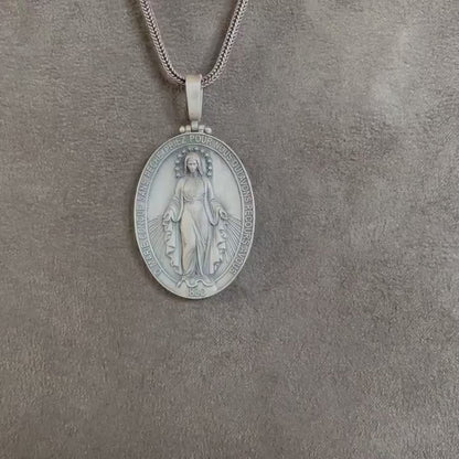 Virgin Mary Pendant, Sterling Silver Double Sided Necklace, 12 Stars Holy Mother Medallion, Christian Jewelry, Miraculous Religious Gift